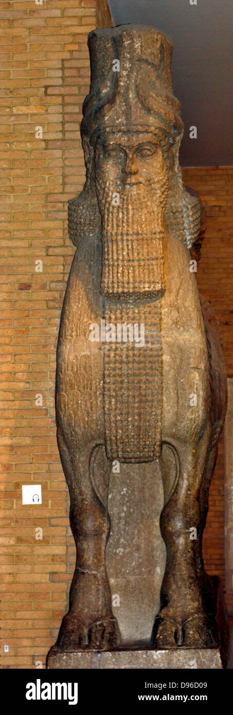 Uomo con testa di toro alato (o) Šedu statua. L'assiro (circa 710-705 a.C.). Preso da Khorsabad. Un spirito protettivo statua ha usato a guardia palace portoni. Foto Stock