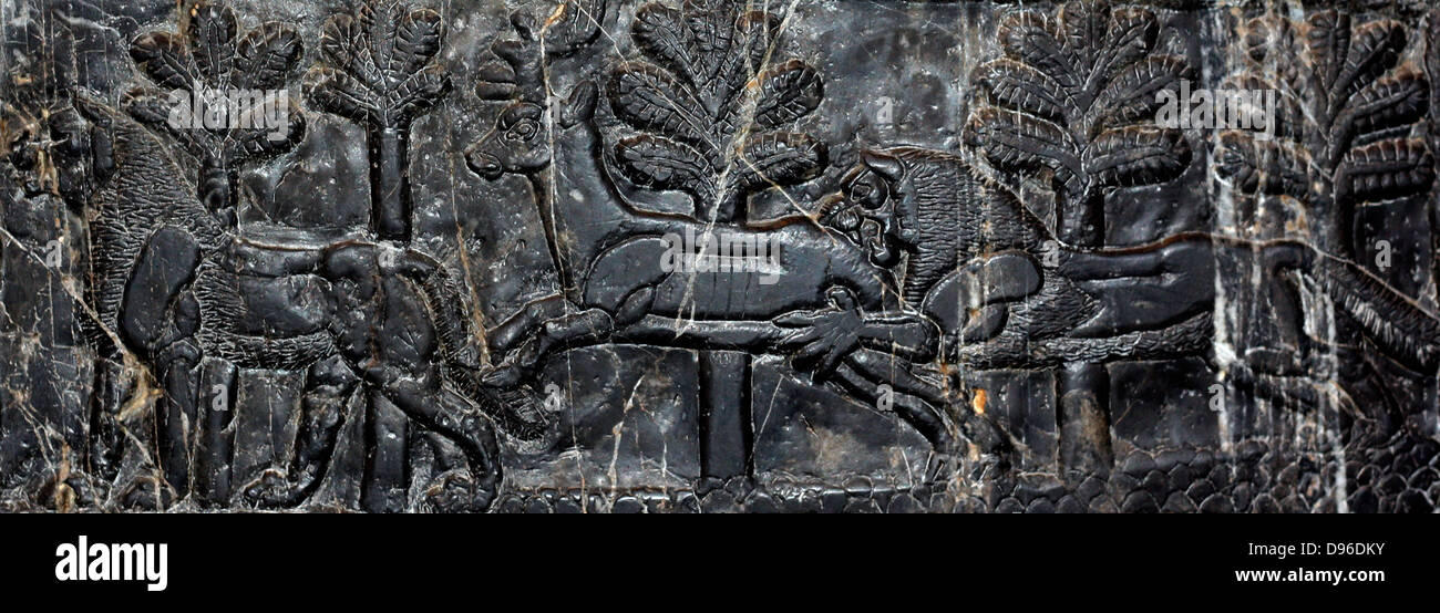 L obelisco nero di Shalmaneser III (858-824 a.C.). Assira, da Nimrud. Fatta di a grana fine calcare nero venato di bianco. Esso registra i re della campagne e omaggi dato a lui. Foto Stock