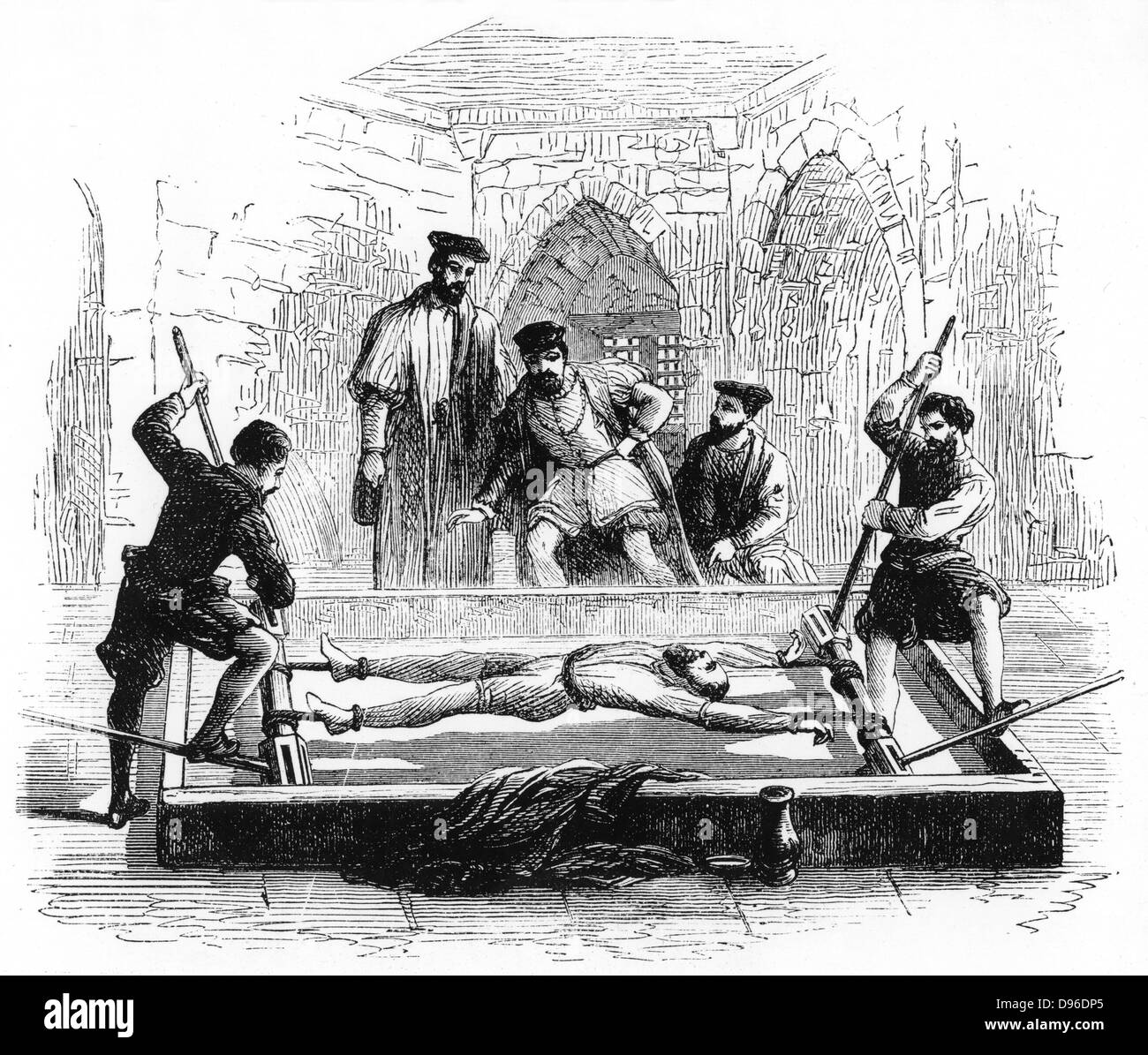 A torturare un prigioniero sul rack nel XVI secolo in Inghilterra. Engrav ing c1890. Foto Stock