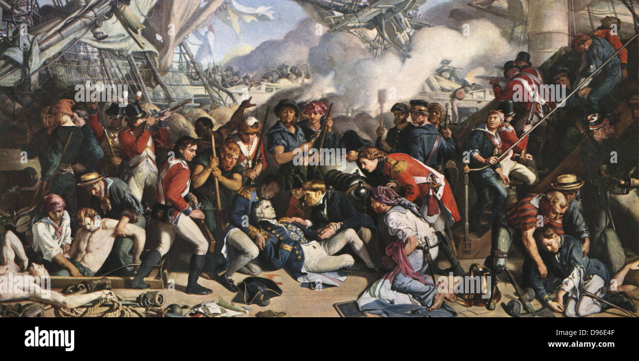 La morte di Nelson" dopo la pittura di Daniel Maclise. Horation Nelson (1758-1805) a bordo HMS Victory alla Battaglia di Trafalgar. Foto Stock