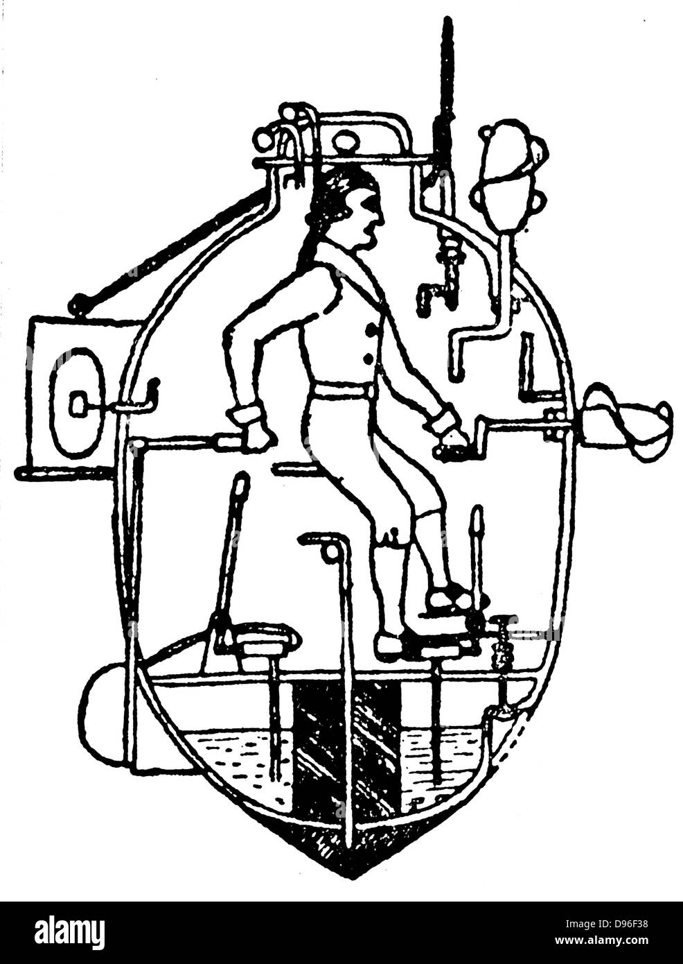 Il sergente Ezra Lee facendo un tuffo nel "Tartaruga" nel 1776. Sommergibile da David Bushnell (1742-1824). Aria sufficiente per 30 minuti di immersione. Elica girato dalla maniglia e timone mosso da un'altra. Durante la Guerra di Indipendenza Americana diversi tentativo non riuscito. Foto Stock