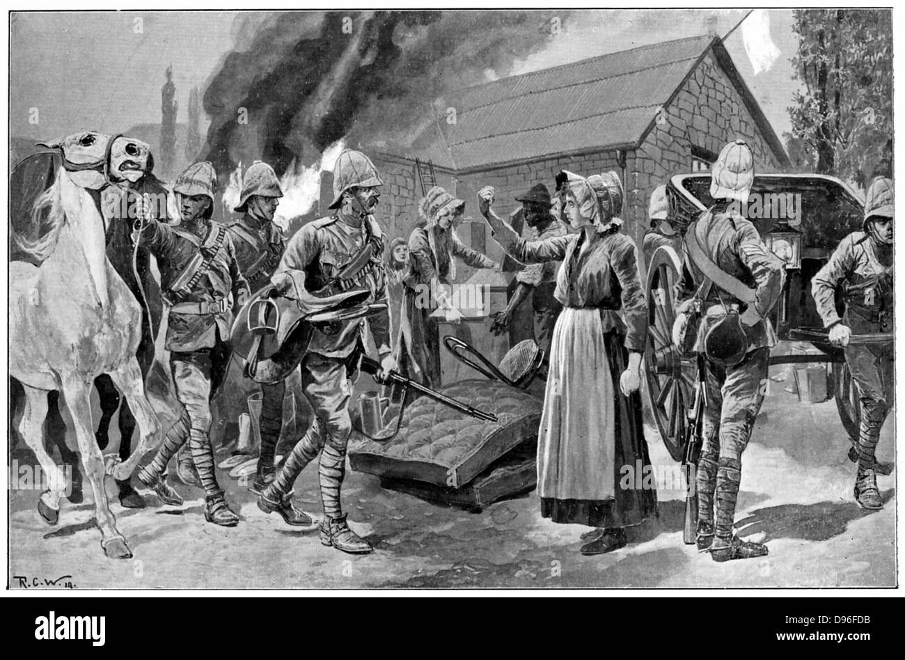 Bruciare la fattoria di un perfido Burgher. Dopo la verniciatura da R. Caton Sir Alfred Hitchcock. Boer la moglie di un agricoltore scuote il suo pugno contro i soldati inglesi. Seconda guerra boera 1899-1902. Foto Stock