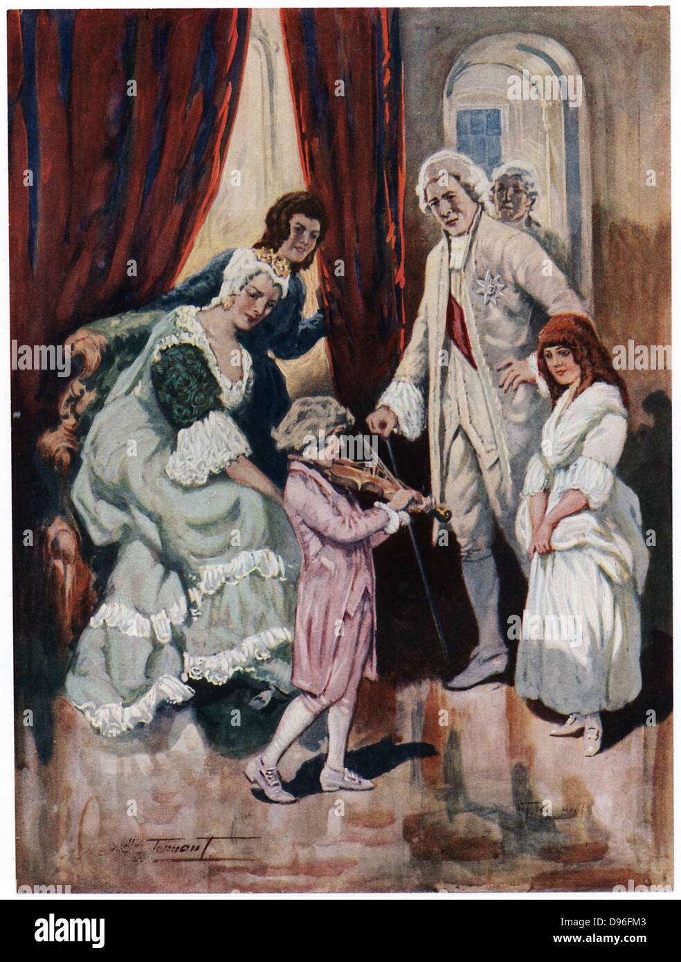 Mozart vince il cuore di royalty' c1763 (inizio del XX secolo). Wolfgang Amadeus Mozart (1756-1791) all'età di sette anni a giocare il suo violino nella parte anteriore dell'Imperatrice Maria Teresa e suo marito, l'imperatore Francesco I. Foto Stock