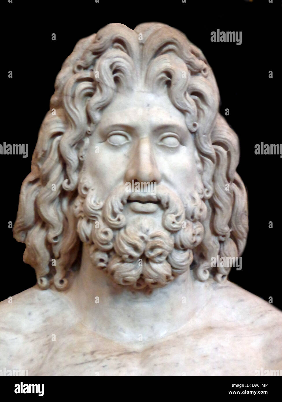 Colossale scultura in marmo della testa di Zeus. Da Tivoli, trovato nella villa dell'imperatore romano Adriano. Foto Stock