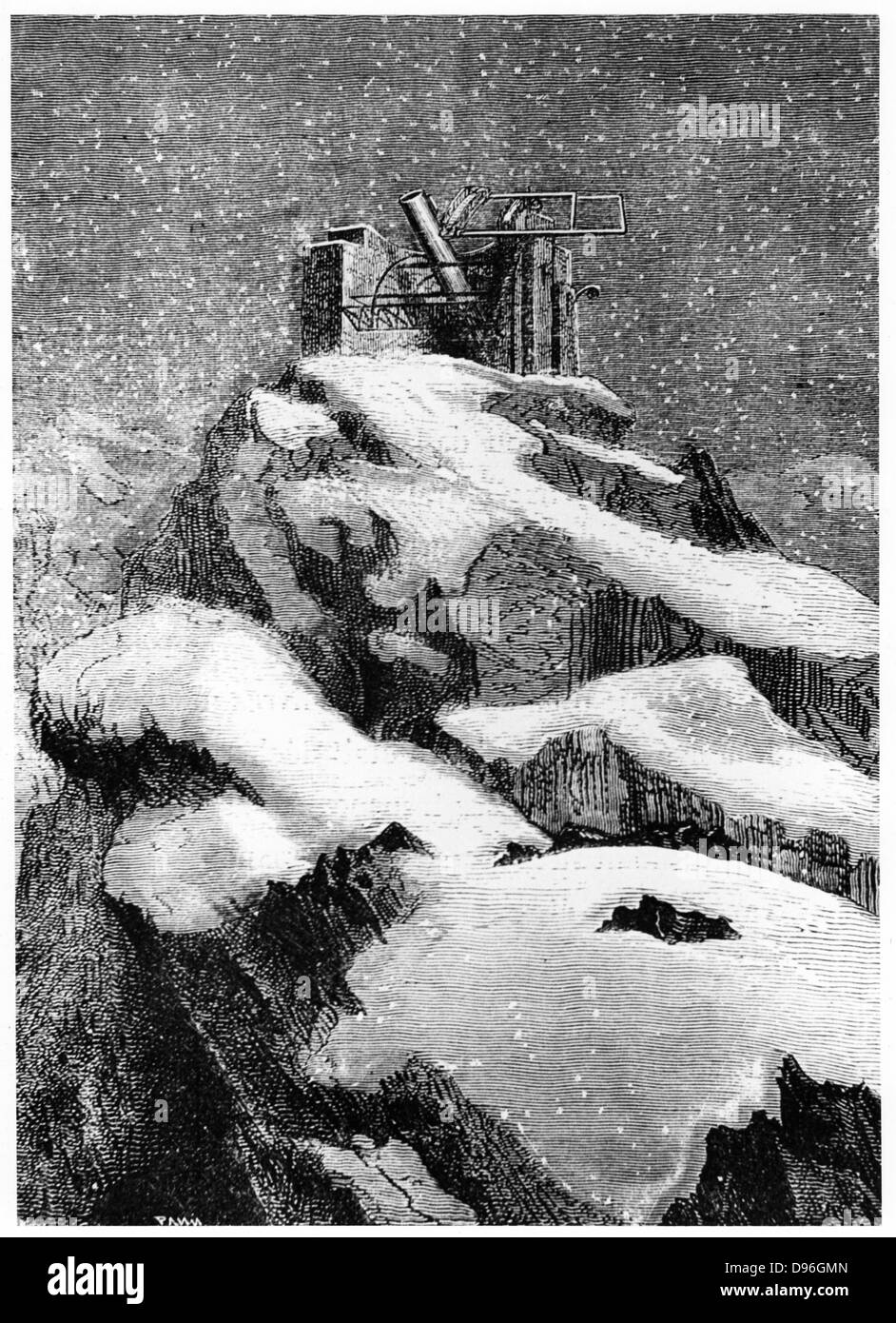 Telescopio riflettore sulla cima delle montagne rocciose che il direttore dell'Osservatorio di Cambridge, Massachusetts, utilizzato per osservare il lancio del veicolo spaziale "Columbiad'. Da Jules Verne "de la Terre a la Lune", Parigi, 1865. Incisione su legno. Foto Stock