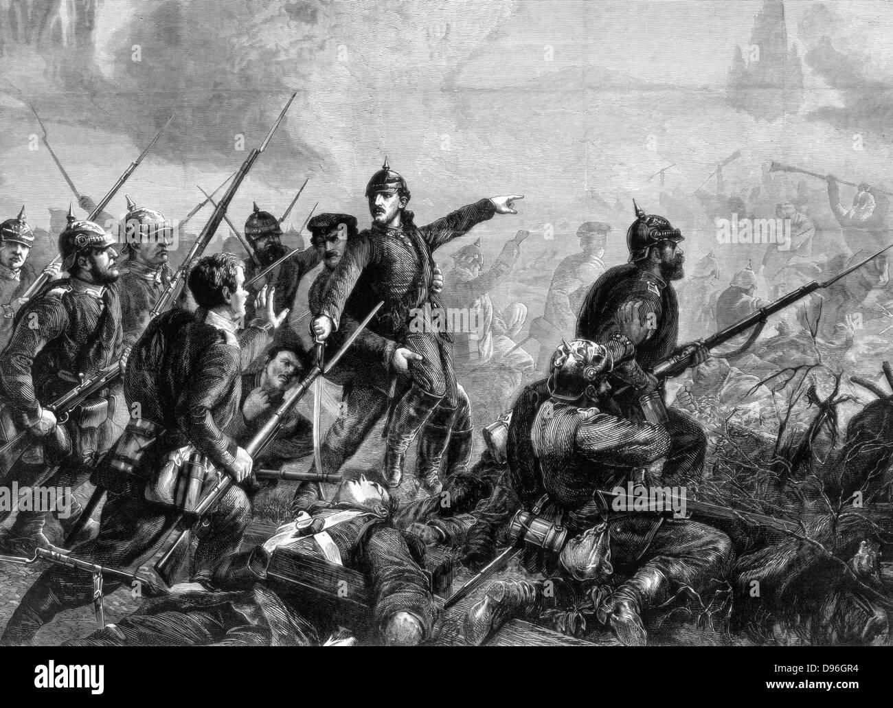 Guerra franco-prussiana 1870-1871: Fanteria Prussiano alla carica, 1870. Da "La grafica'. (Londra, 3 settembre 1870). Incisione su legno. La Francia. Germania. Foto Stock