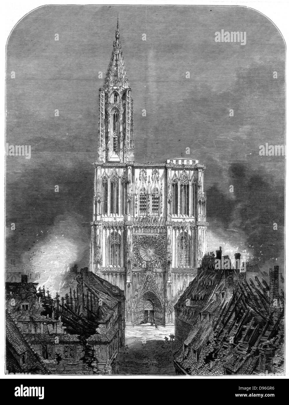 Guerra franco-prussiana 1870-1871: la cattedrale di Strasburgo durante l'ultimo bombardamento della città, 1870. Da "La grafica' (Londra, 15 ottobre 1870). Incisione su legno. Foto Stock
