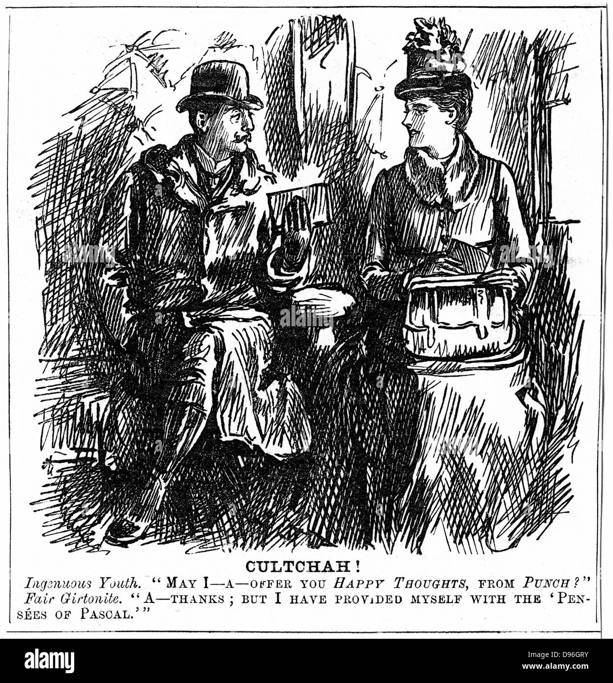 Vantaggi della formazione universitaria per le donne. George du Maurier cartoon da "punzone" Londra 8 dicembre 1887. Giovane uomo in carrozza ferroviaria offre laureato di Girton, Cambridge, un po' di luce di lettura per il viaggio. Ella graziosamente declina come lei ha in dotazione se stessa con Pascal Pensees "". Incisione Foto Stock