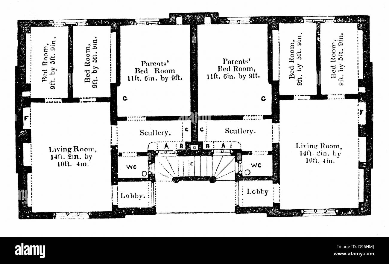 Piano terreno di Prince Albert modello di abitazioni per le classi di Lena, progettato per quattro famiglie, ogni famiglia che occupa un piatto. Cavo di costruzione in mattoni. Illustrazione pubblicato 1851. Un numero di questi edifici sono stati costruiti. Foto Stock