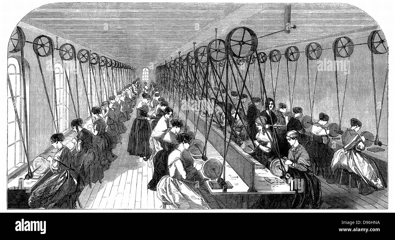 Pen Camera di macinazione: ciambelle, Wells & Co la fabbrica, Birmingham. Più di cinquanta donne siedono al singolo macine in metallo finitura pennini. Le pietre sono azionati tramite cinghia e di scopare dal potere centrale sorgente. Incisione su legno 1851 Foto Stock