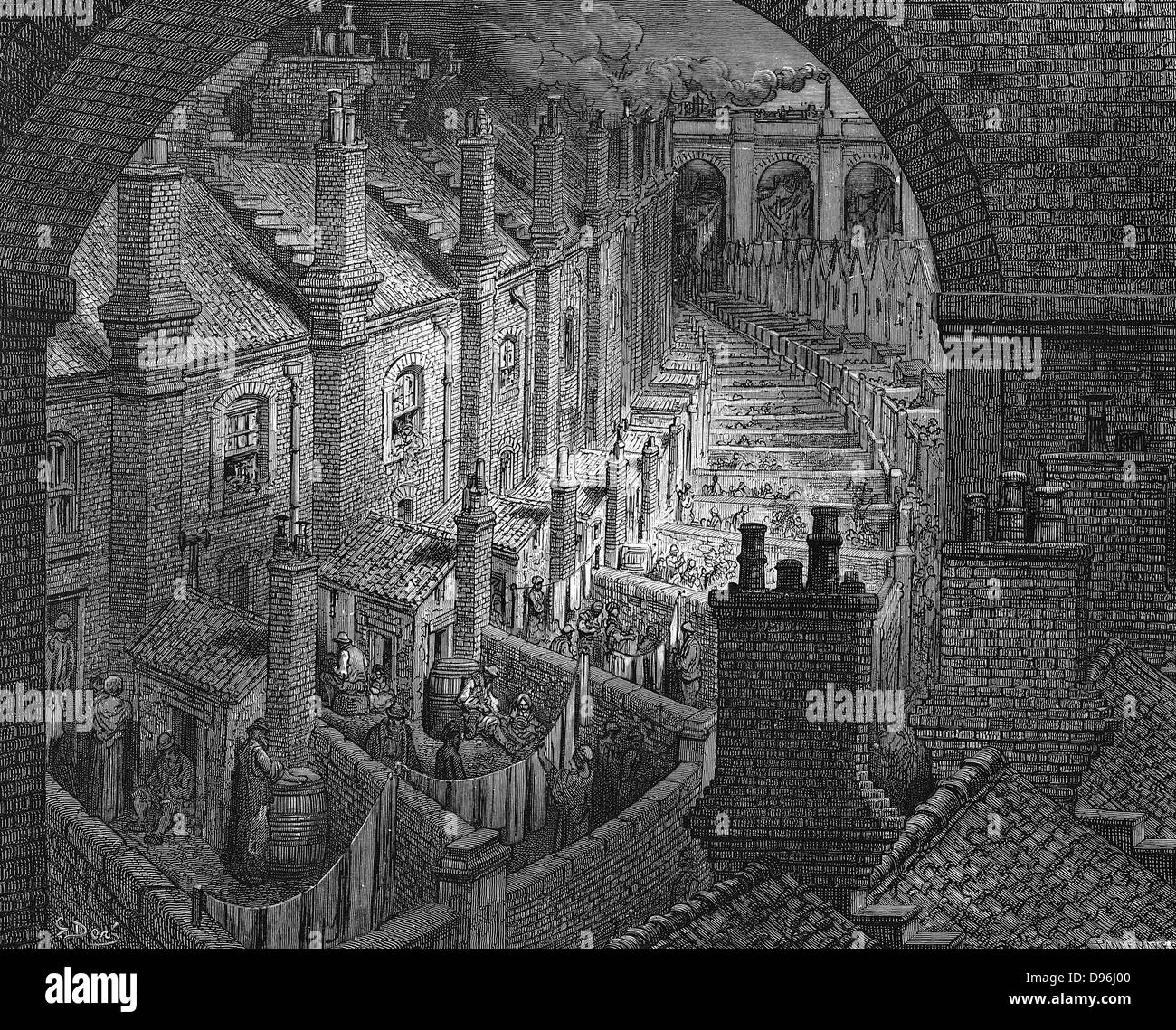 Su Londra per ferrovia" da Gustave Dore e Blanchard Jerrold 'London: Un pellegrinaggio" Londra 1872. Vista posteriore del tipico del XIX secolo Londra artigianale di case terrazza con washhouses, privies e cantieri che portano nel vicolo per servirli e terrazze simili, tutti dominati dai viadotti ferroviari sovrapposti sui loro quartiere. Incisione su legno. Foto Stock