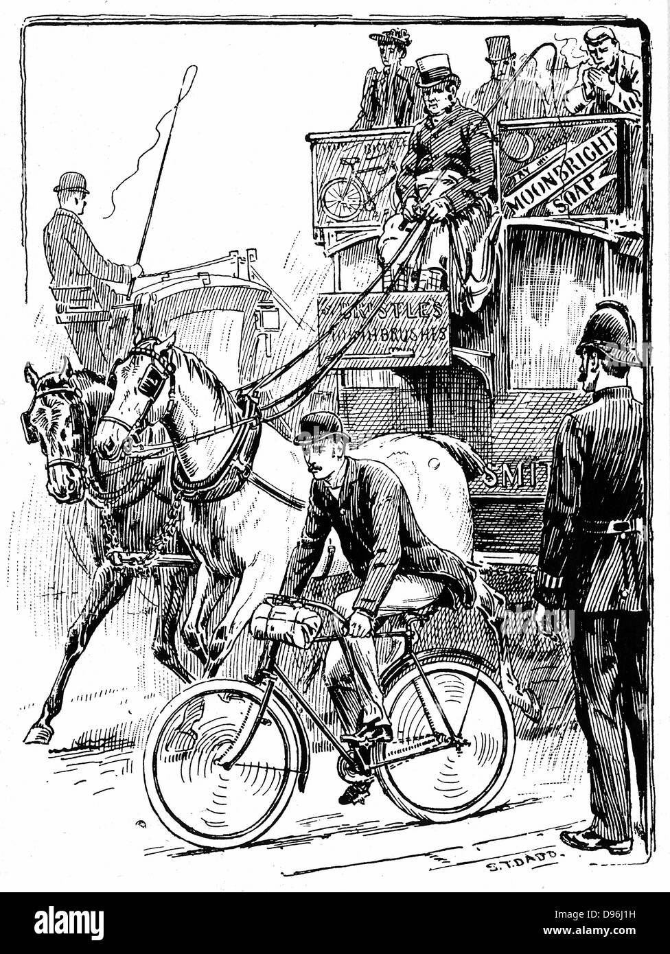 Ciclista nella trafficata e traffico di Londra in sella a una macchina di Rover tipo di sicurezza. Horse bus (omnibus) è il sorpasso di lui. Scena osservata connestabile di polizia. Illustrazione da Stephen T Dadd per 'Ciclismo' Badmington Library, Londra 1895. Foto Stock