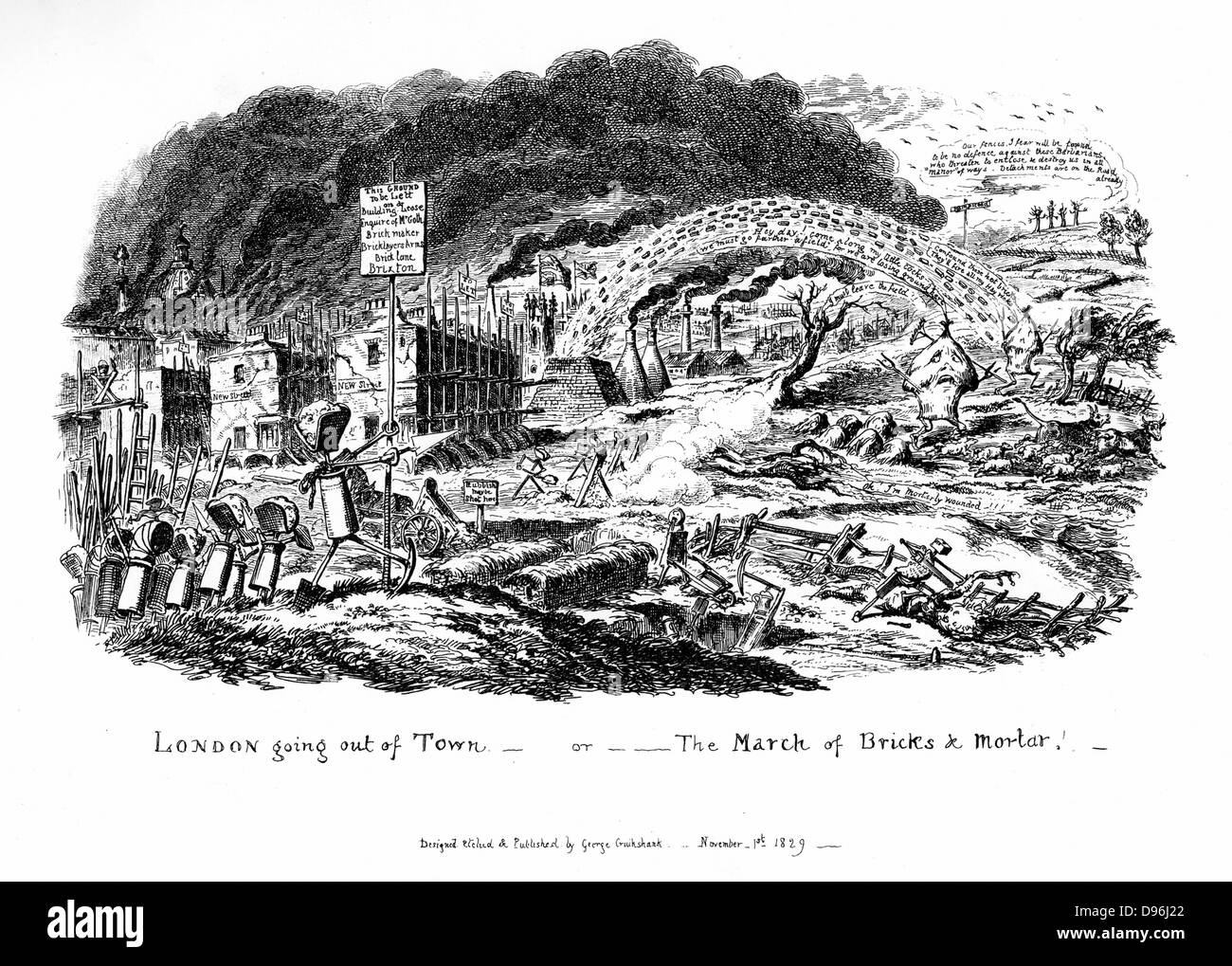 Londra andando fuori città - o il marzo di mattoni e malta di calce'. Un attacco dal George Cruickshank pubblicata il 1 novembre 1829. Espansione di Londra, mostrando il mangiare del campo verde siti e inquinamento da città e da laterizi. Foto Stock