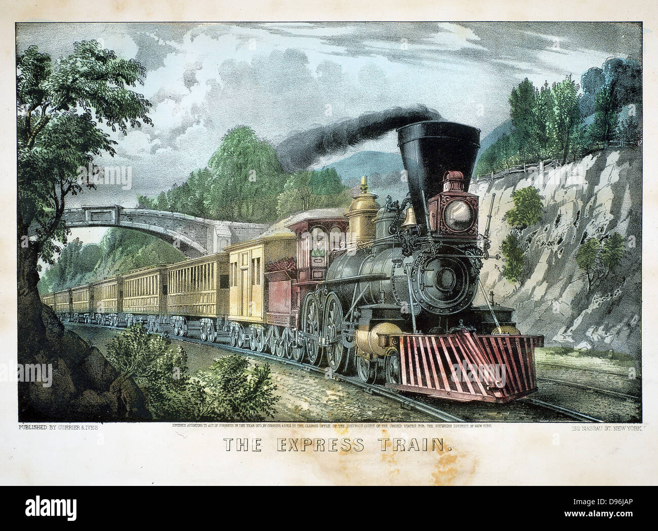 Il Treno Express. Locomotiva con cale cowcatcher treno attraverso il taglio. Stampa pubblicato da Currier & Ives, New York 1870. Litografia. Foto Stock