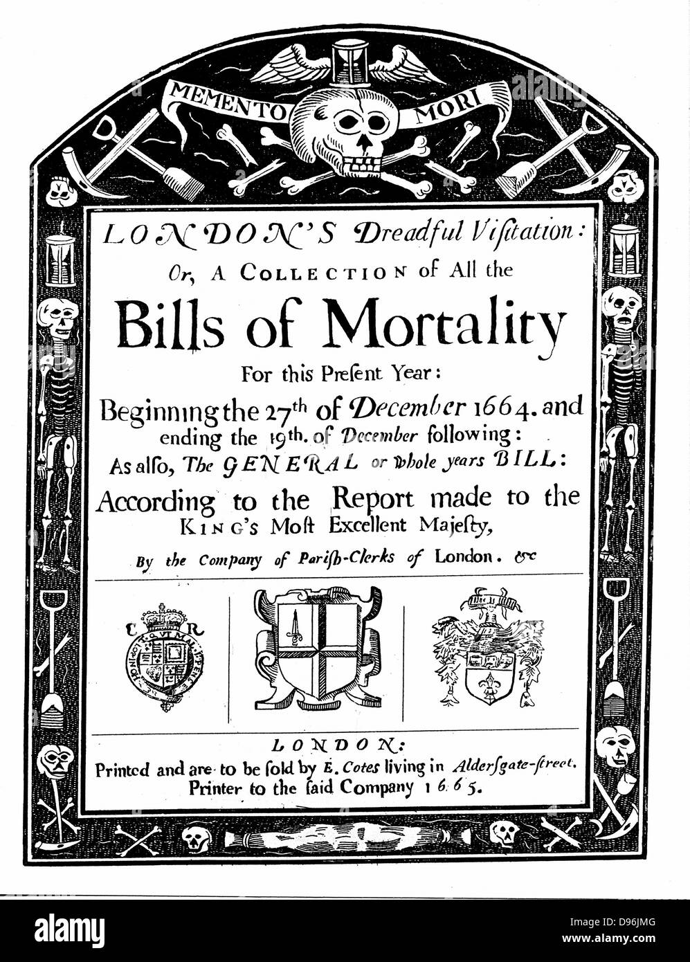 Pagina del titolo di mortalità bill per Londra per 1664/5, che copre una parte del periodo della grande peste. John Graunt (1620-1674) ha basato la sua analisi statistica su questi settimanale e annuale delle tabelle. Foto Stock
