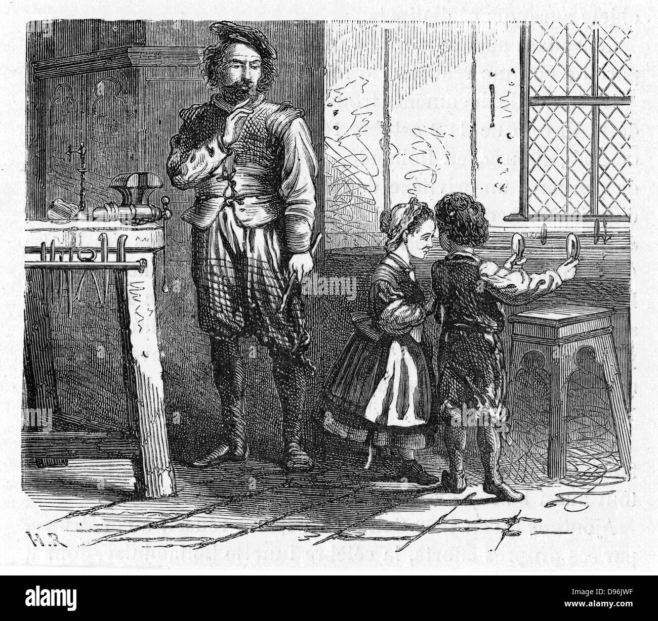 Artista della impronta del ritrovamento fortuito del principio del telescopio da parte di bambini che giocano in officina del ottico olandese Hans Lippershey (d1619). Incisione su legno, 1863 Foto Stock