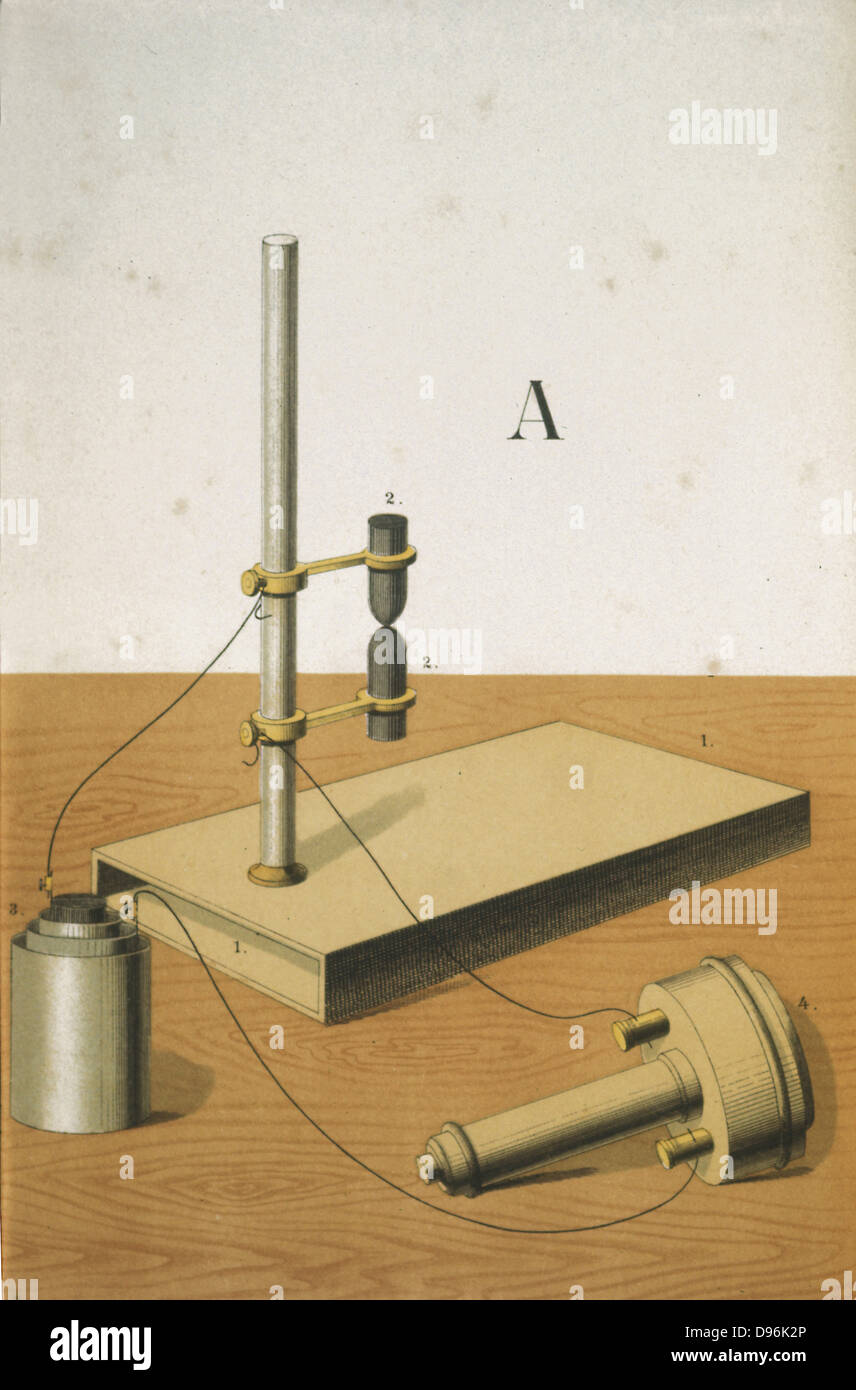 Microfono di carbonio, inventato nel 1878 da David Edward Hughes (1831-1900) inventore inglese. Da Teodoro Eckardt "La fisica in immagini', London, 1882 Foto Stock