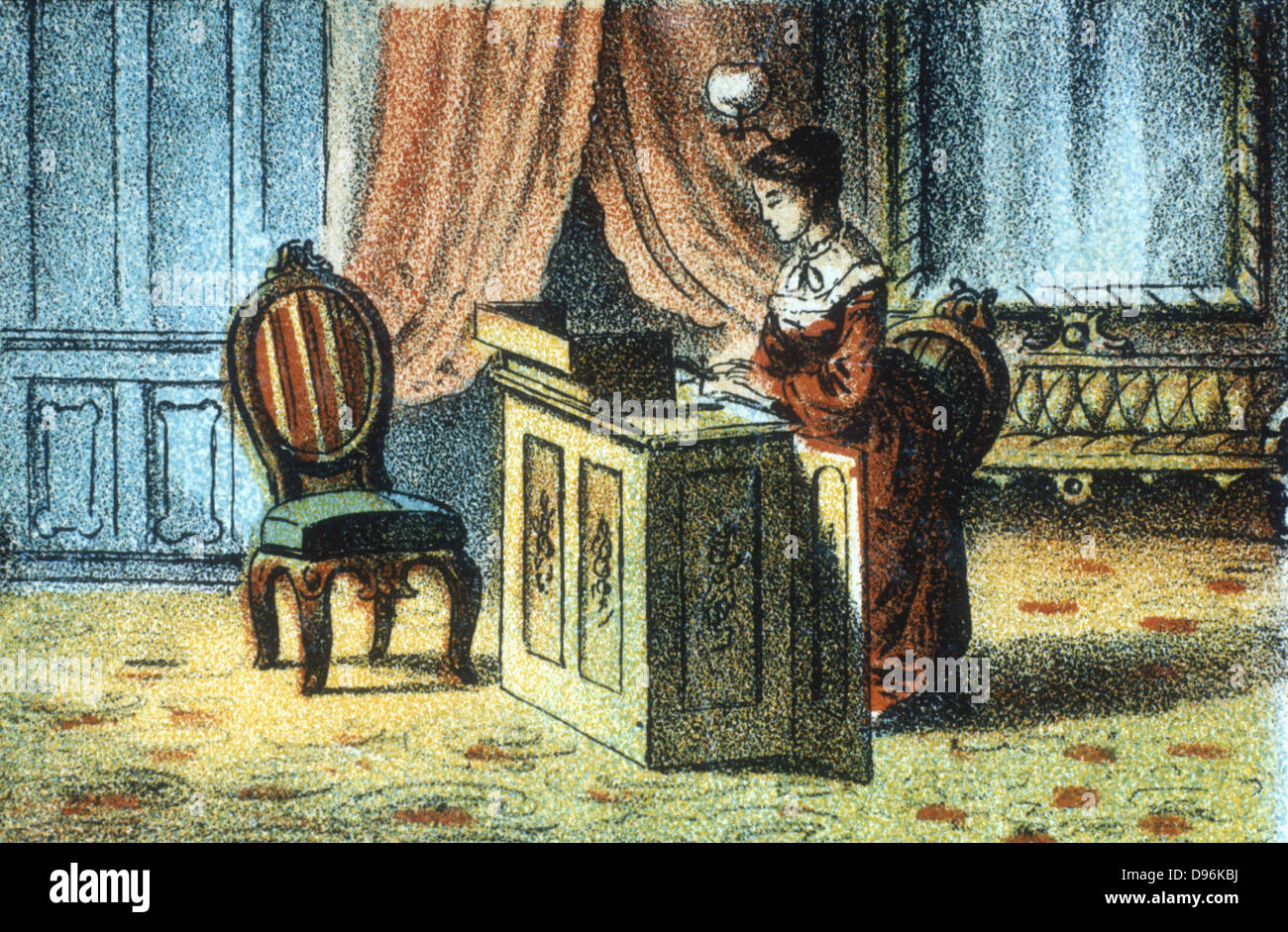 Elias Howe (1819-1867), l'inventore americano, ha brevettato il primo blocco macchina cucitrice a punti nel 1846. Donna che utilizza un Howe macchina. Da 'Adam's illustrato Panorama della storia', C1878. Chromolithograph. Foto Stock