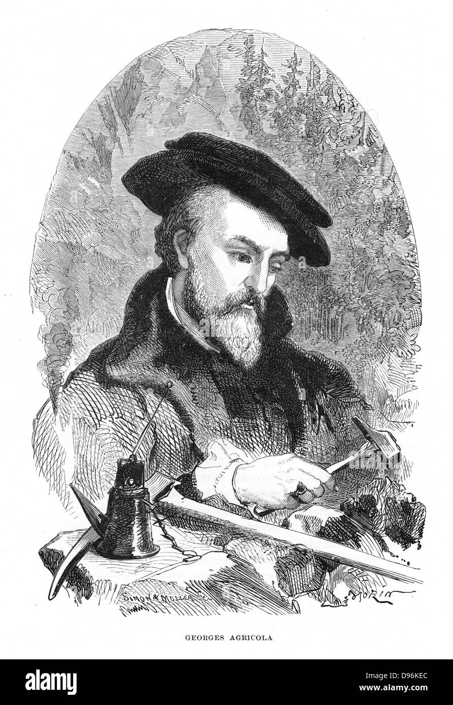 Georgius Agricola (Georg Bauer - 1494-1555) medico tedesco, mineralogista e metallurgista. Autore di "De re metallica", Basilea 1556. Pubblicato da incisione Parigi 1868 Foto Stock