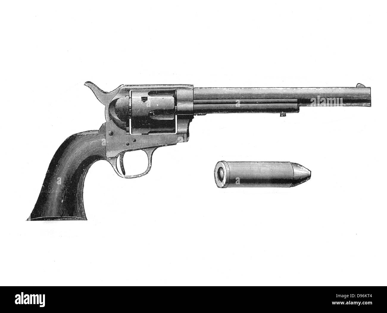 Colt di "frontiera" revolver. Conosciuta anche come la Colt "Peacemaker". Dopo la guerra messicana del 1846-1848, è stato adottato dall'US Army. Incisione, c 1890. Foto Stock