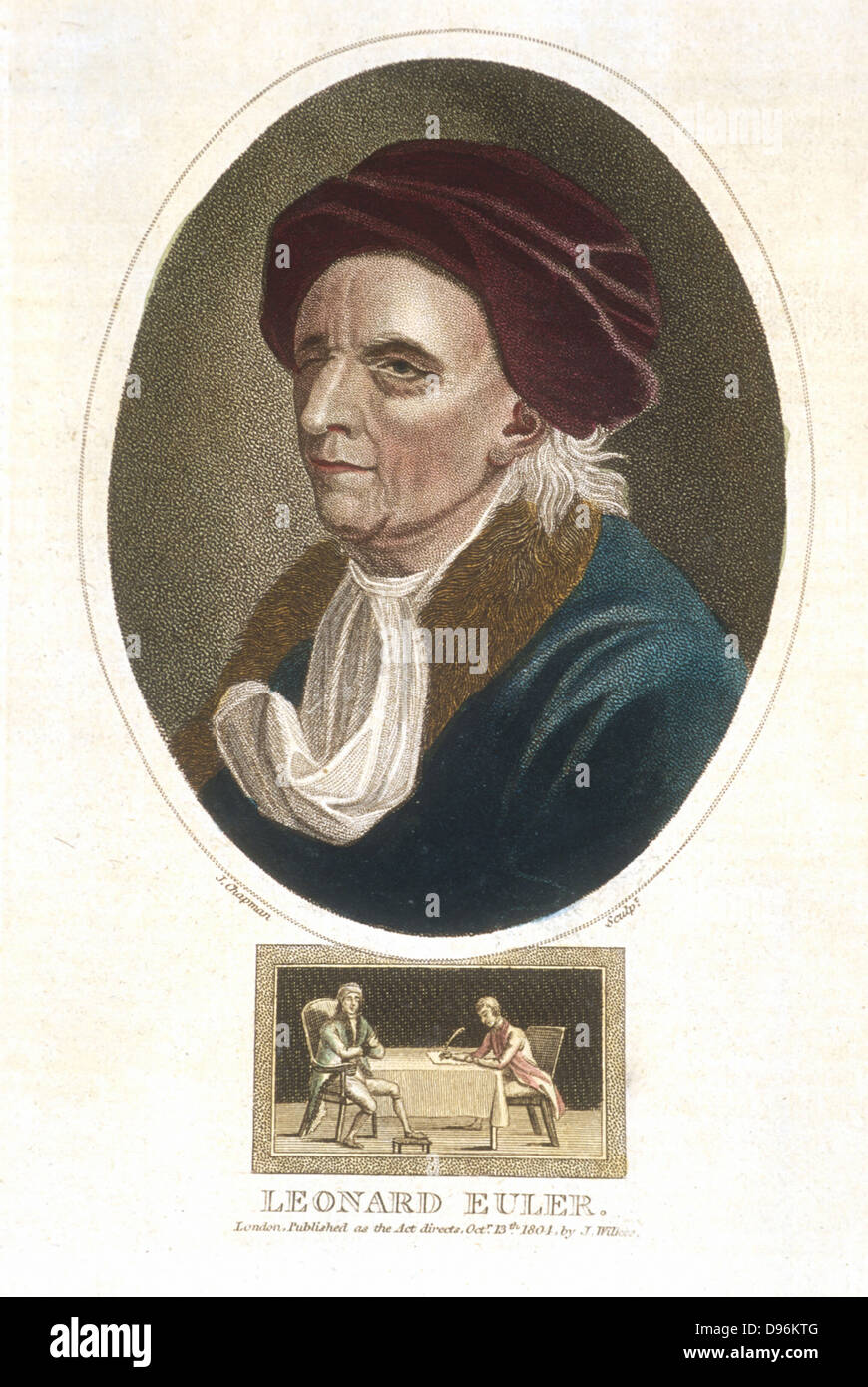 Leonhard (1707-1783) Euler. Matematico svizzero. Colorate a mano incisione, Londra, 1816. Foto Stock