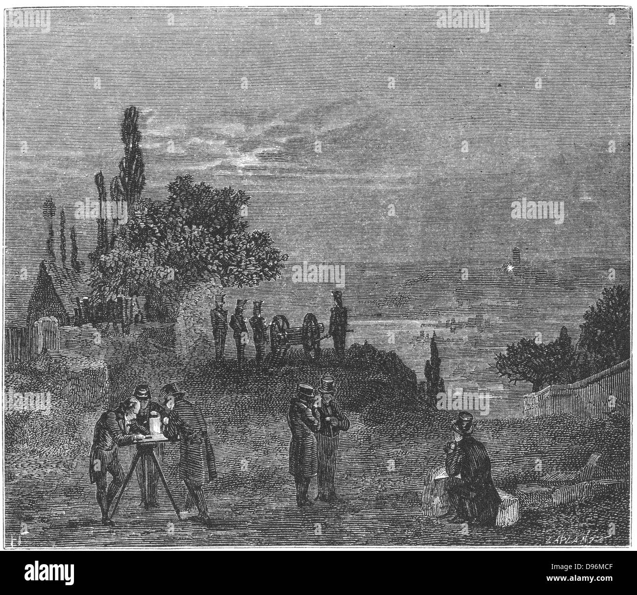 Nel 1822 il francese ha nominato la commissione per trovare la velocità del suono in aria. Due colline vicino a Parigi scelto per l'esperimento a Villejuif e Montlhery. Su ogni colle una pistola è stato scaricato. In veste di osservatori in altri hill, rilevando il tempo di flash e il momento in cui hanno sentito rapporto, calcolata la velocità per essere 1,118.152 piedi (340.8m) al secondo. Gay-Lussac, Humboldt e Bouvard a Montlhery; Arago, Mathieu e Prony erano a Villejuif. Da Amedee Guillemin 'le forze della natura", Londra, 1873. Incisione Foto Stock