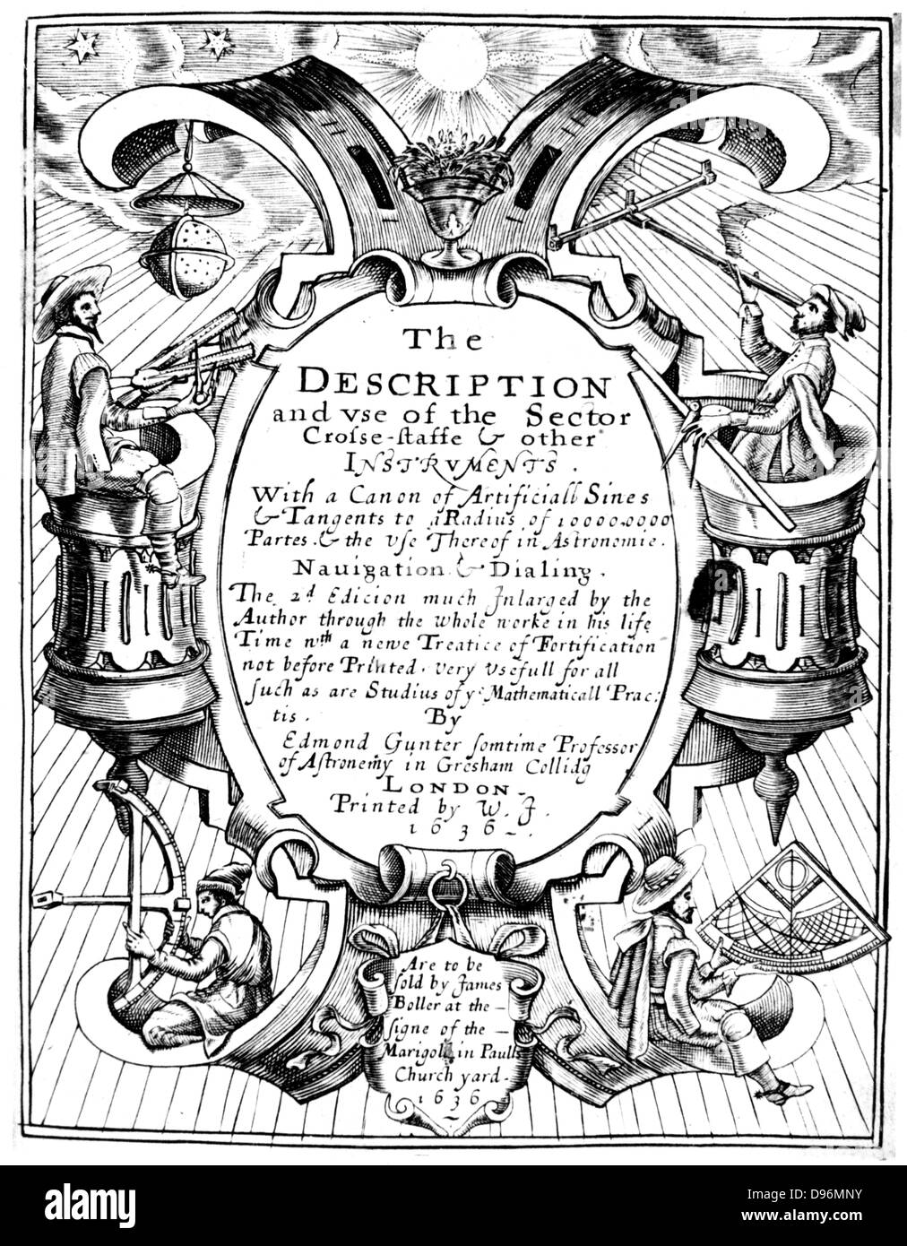 Pagina del titolo di Edmund Gunter (1581-1626) "La descrizione e l'uso del settore ", London, 1636 (1a edizione 1626). Questa mostra mariners detiene diversi strumenti di navigazione, compreso un settore ed un cross-personale nella parte superiore e un quadrante orario (?) in basso a destra. Incisione Foto Stock