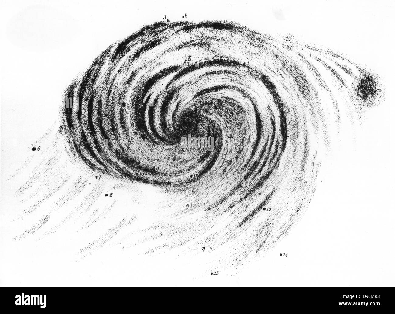 Osservazione della galassia a spirale in Canes Venatici da Lord Rosse. Dalla sua carta "Osservazioni delle nebulose" "Philosophical Transactions", Londra, 1850. Incisione Foto Stock