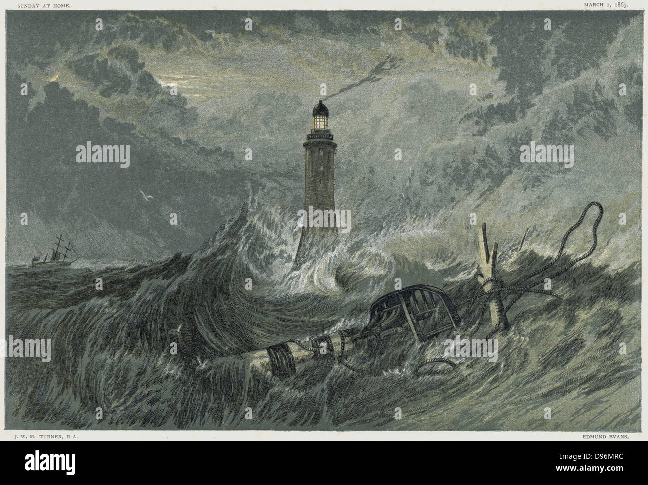 Eddystone Faro, costruito sulla roccia Eddystone dall'inglese Enggineer civile John Smeaton da 1757-1759. Chromolithograph dopo la verniciatura da JMW Turner Foto Stock