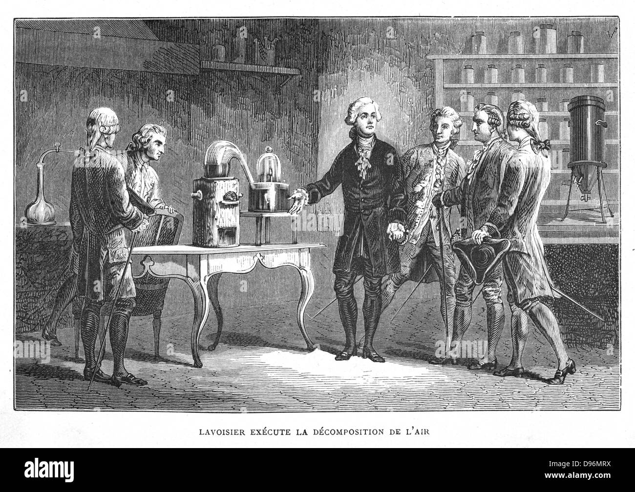 Antoine Laurent Lavoisier (1743-1894) chimico francese, dimostrando la sua scoperta di ossigeno, 1776. Sul tavolo a destra sullo sfondo di un'immagine è il suo calorimetro Da Louis Figuier 'Vies des Savant Illustres du XVIIIe Siecle', Parigi 1874. Incisione Foto Stock