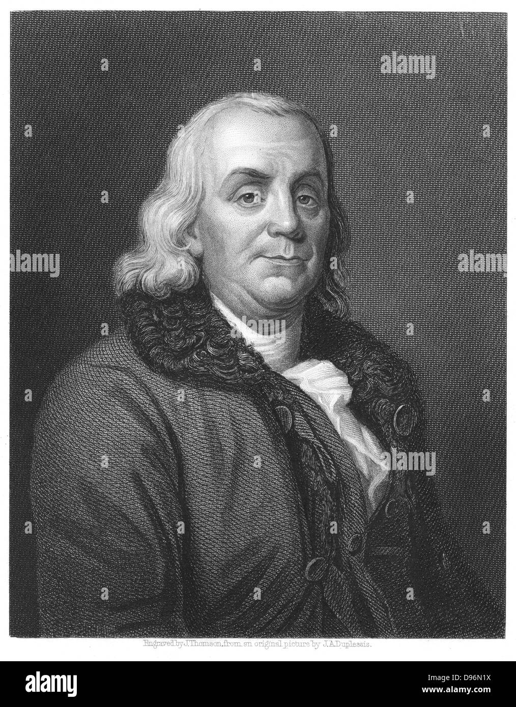 Benjamin Franklin (1706-1790) scienziato americano, statista e diplomatico. Dopo incisione ritratto di Duplessis Foto Stock