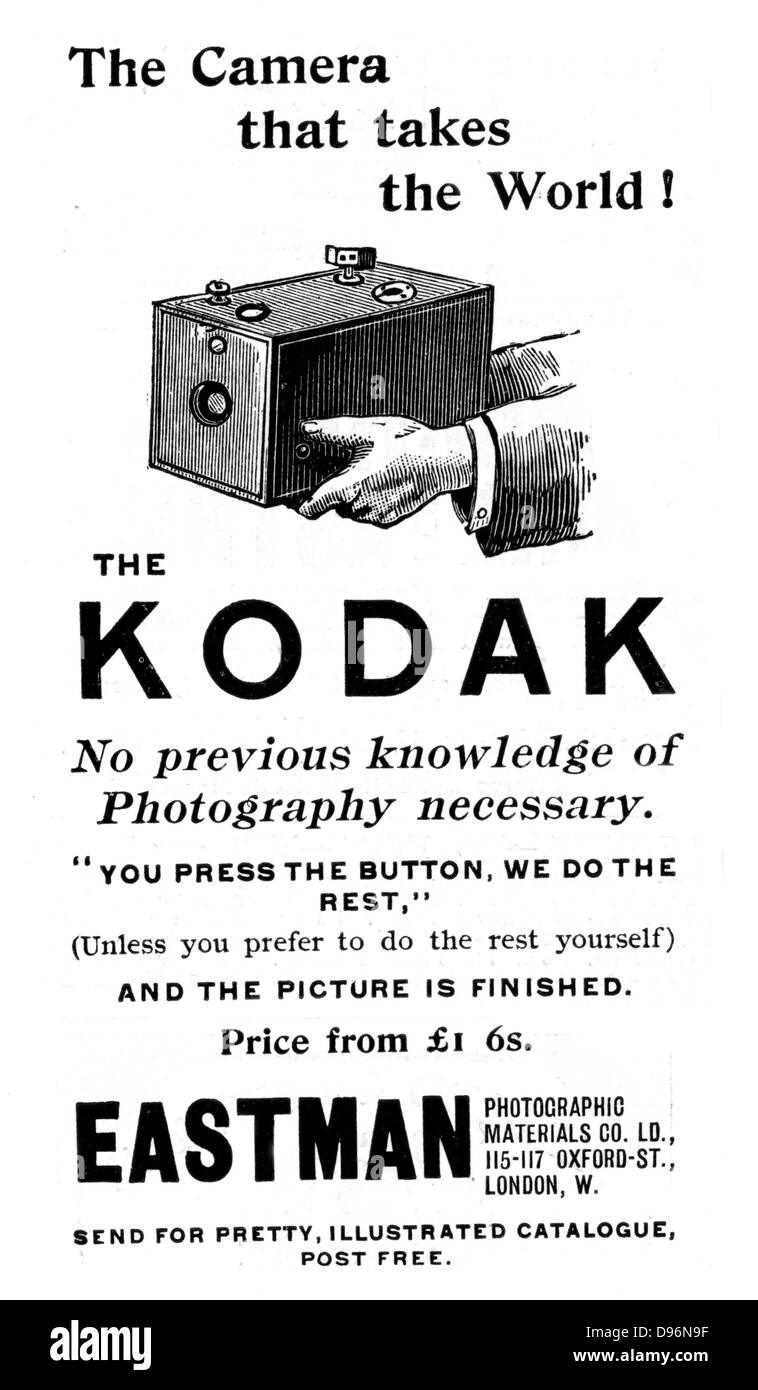 Pubblicità per le fotocamere Kodak da "l'Illustrated London News', 16 settembre 1893 inclusa Kodak il famoso slogan "si preme il pulsante, noi faremo il resto". Dal 1888 la casella Kodak fotocamera ha preso Eastman la carta patinata rotolo pellicola. Incisione Foto Stock