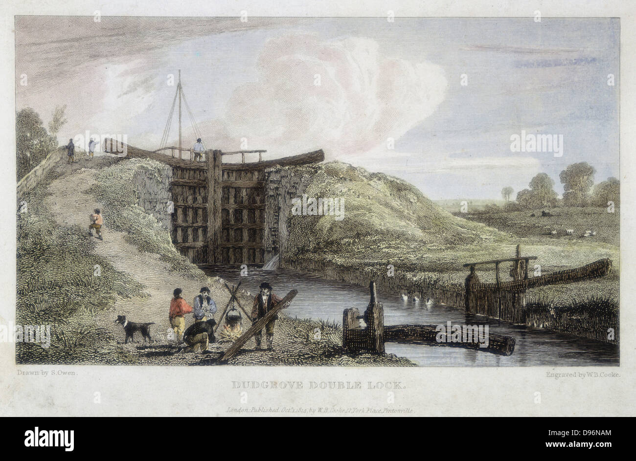 Il Tamigi e Severn Canal aperto 1789. Dudgrove doppia serratura sopra Lechlade. Dudgrove, circa 3/4 di miglio (1,2 km) dal Tamigi, è stata la seconda serratura sul canale da dove è collegato con il fiume. Ingegnere: Robert Whitworth. La stampa ha pubblicato a Londra, 1814. Foto Stock