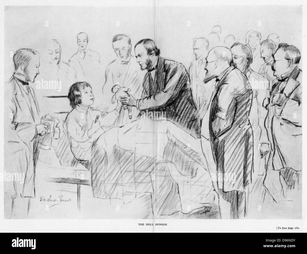 Joseph Lister (1827-1912), chirurgo inglese, sul suo ward round in Glasgow Royal Infirmary c1867. Un pioniere della chirurgia antisettica, egli fu in grado di annunciare in 1867 che i suoi pupilli fosse stata chiara della sepsi per 9 mesi.sulla sinistra un assistente che tiene il Lister di spruzzo di vapore che produce uno spruzzo di acido carbolico (fenolo) laden vapore. Il paziente è di consegnare il Lister ha il suo Broken Doll e ha seminato la sua gamba posteriore su di lei. Dopo schizzo a matita. Foto Stock