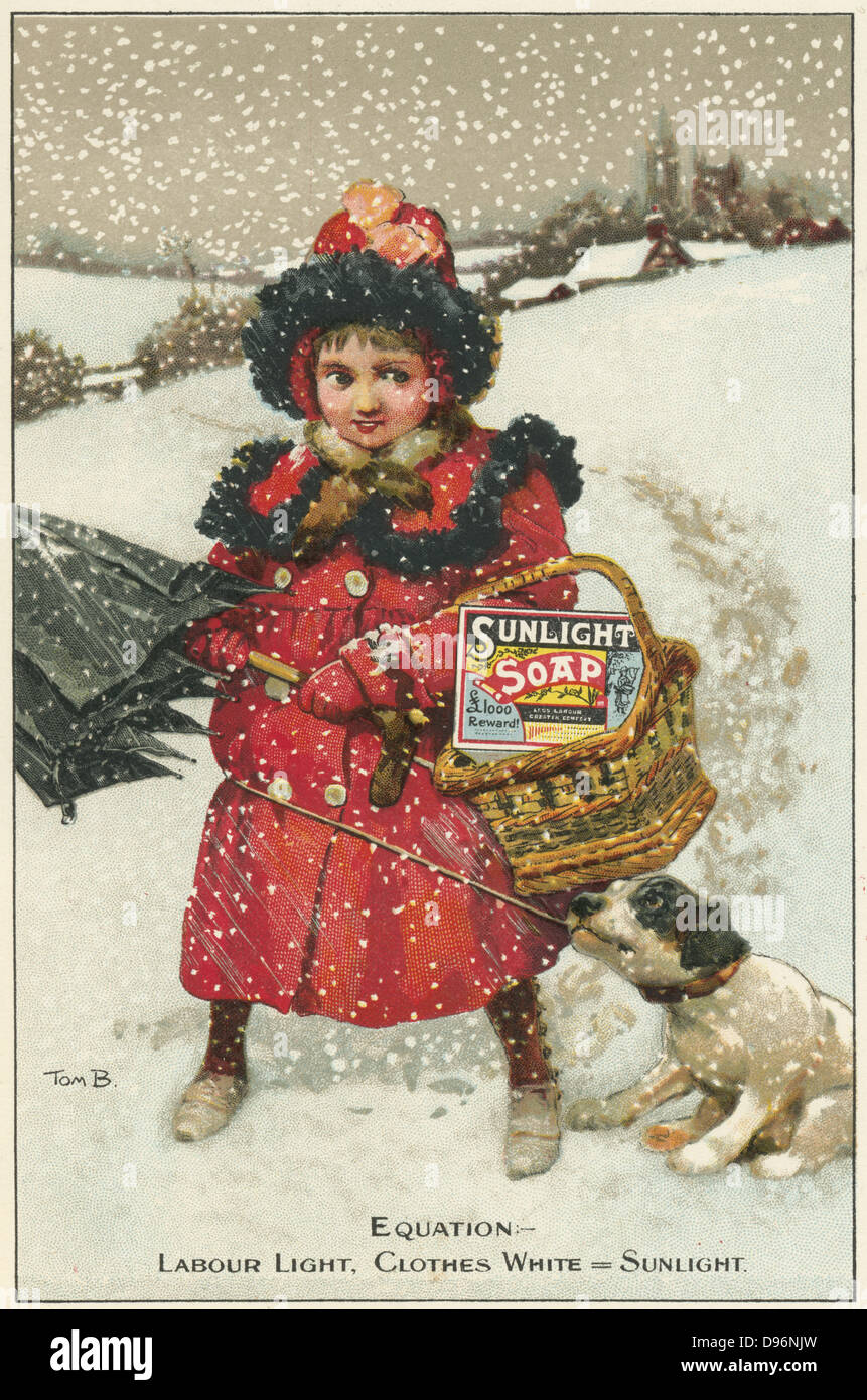 Scheda commerciale per la luce del sole il sapone, c1900. Bambina porta un carrello di luce solare sapone home attraverso la neve. Il messaggio è la purezza, la bianchezza e meno lavoro. Il sapone è stato fabbricato dalla leva fratelli presso la fabbrica a Port Sunlight sul Mersey, vicino Liverpool, in Inghilterra. Illustrazione di Tom Browne (1872-1910), pittore inglese e illustrator. Chromolithograph. Foto Stock