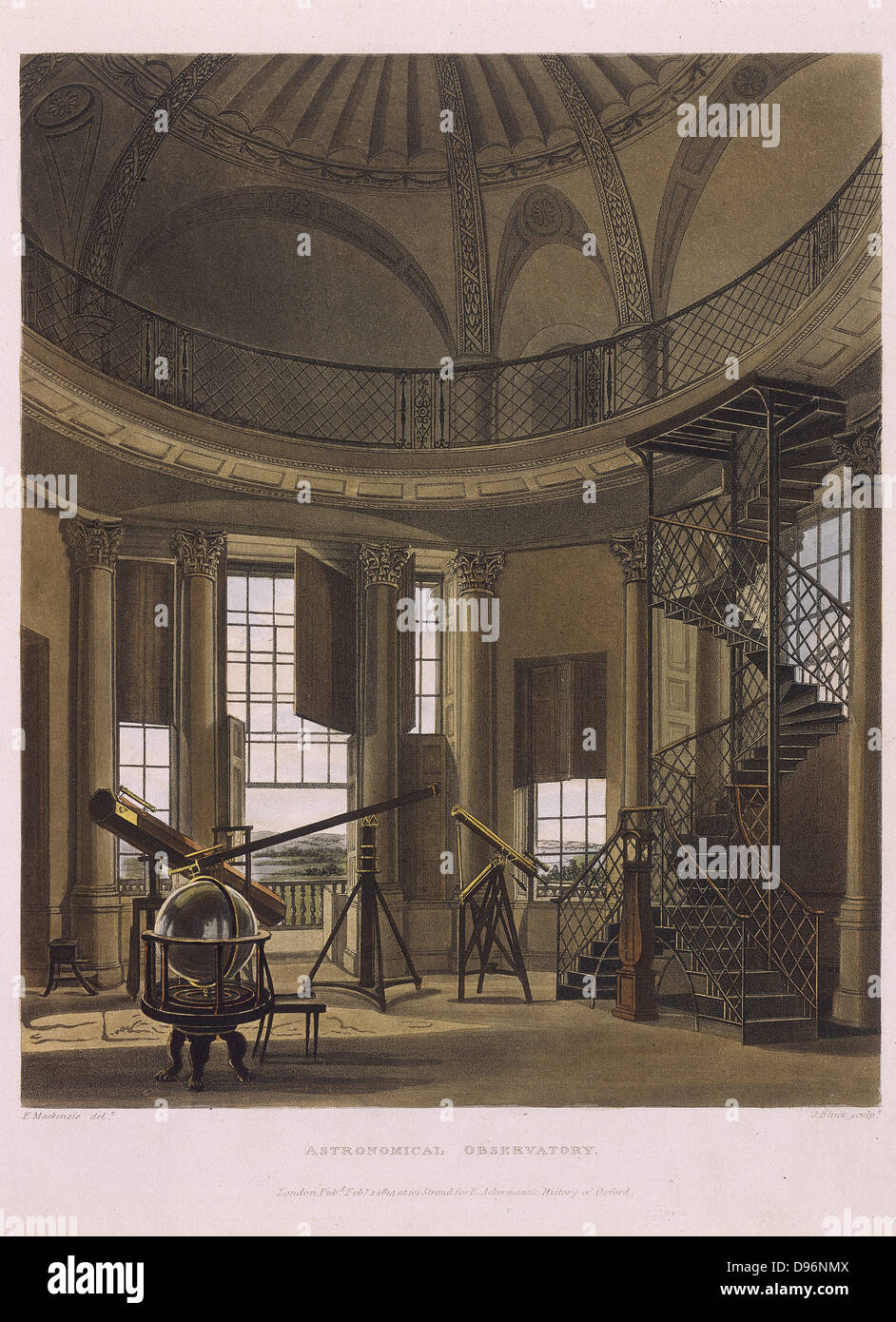 Radcliffe Observatory, Oxford, Inghilterra, 1814. Cannocchiali di varie dimensioni, tra cui uno da William Herschel. Da "La storia di Oxford' da Rudolph Ackerman (Londra, 1814). La puntasecca. Foto Stock
