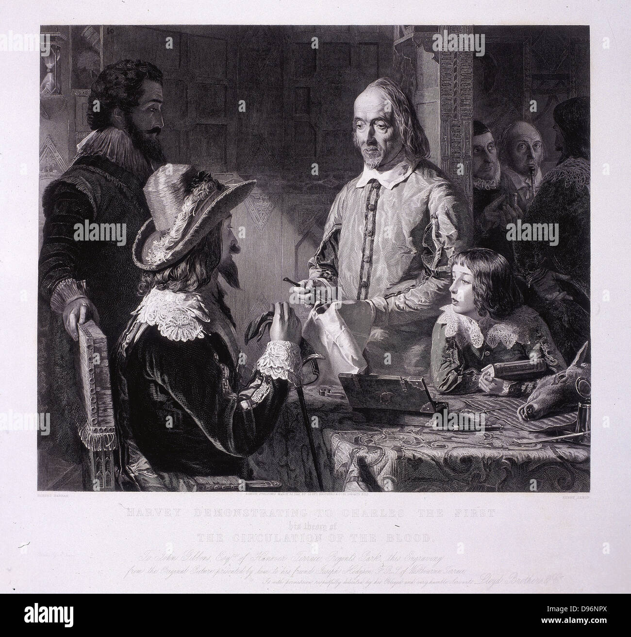 Harvey dimostrando la circolazione del sangue a Charles I. William Harvey (1578-1657), il medico inglese, ha pubblicato il suo famoso 'De Motu Cordis…' ('Esercizio anatomica sul movimento del cuore e del sangue in animali"), nel 1628. In questo lavoro fu il primo ad usare il metodo scientifico per spiegare un problema biologico. Incisione dopo la pittura da R. Hannah c1850. Foto Stock