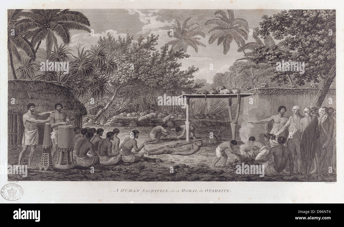 James Cook (1728-1779) navigatore inglese, testimoniando sacrificio umano in Taihiti (Otaheite) c1773 durante il suo secondo viaggio pacifico 1772-1775. Incisione Foto Stock