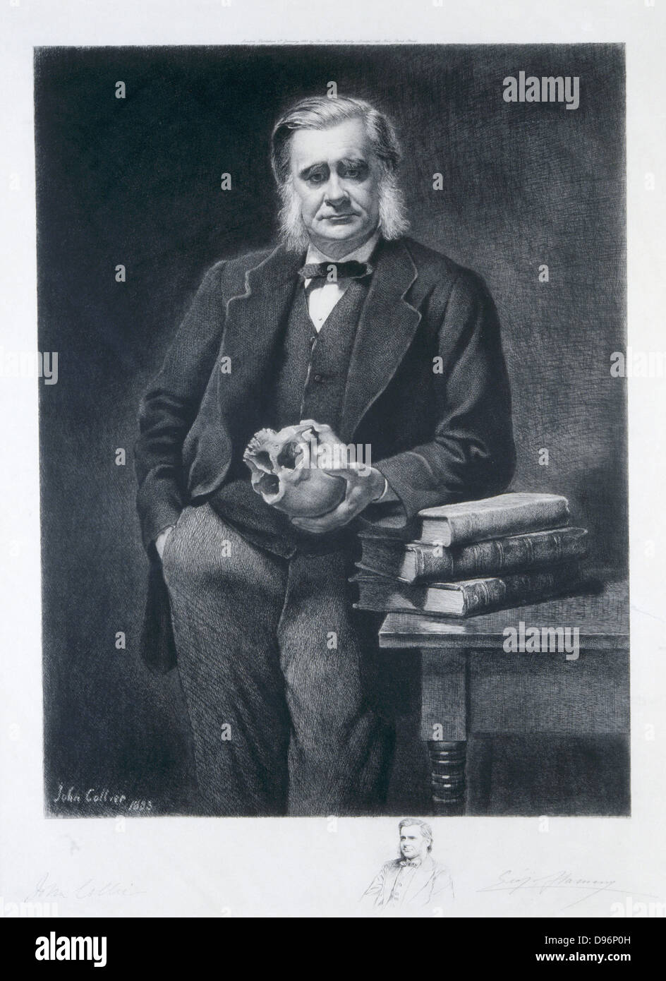 Thomas Henry Huxley (1825-1895) British biologo, sostenitore di Darwin e l'evoluzione. Nonno di Julian e Aldous Huxley. Huxley alla sua scrivania c1890. Dopo incisione ritratto di John Collier Foto Stock