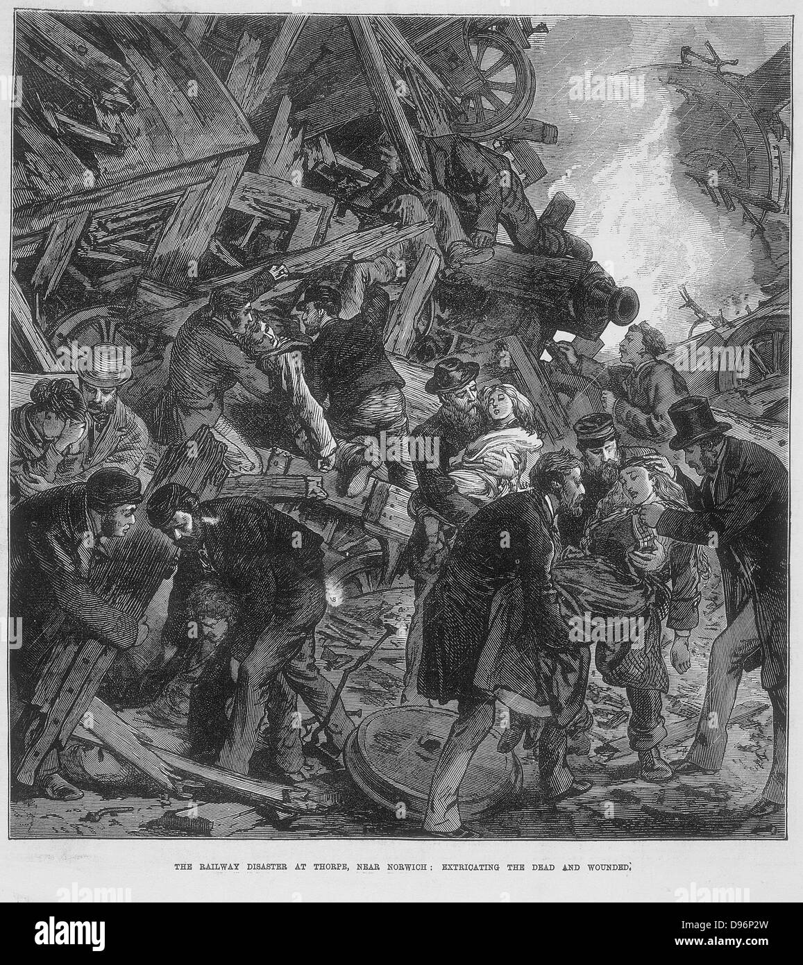 Districarsi i morti e i feriti dal relitto dell'incidente ferroviario a Thorpe vicino a Norwich, Norfolk. Settembre 1874. Foto Stock