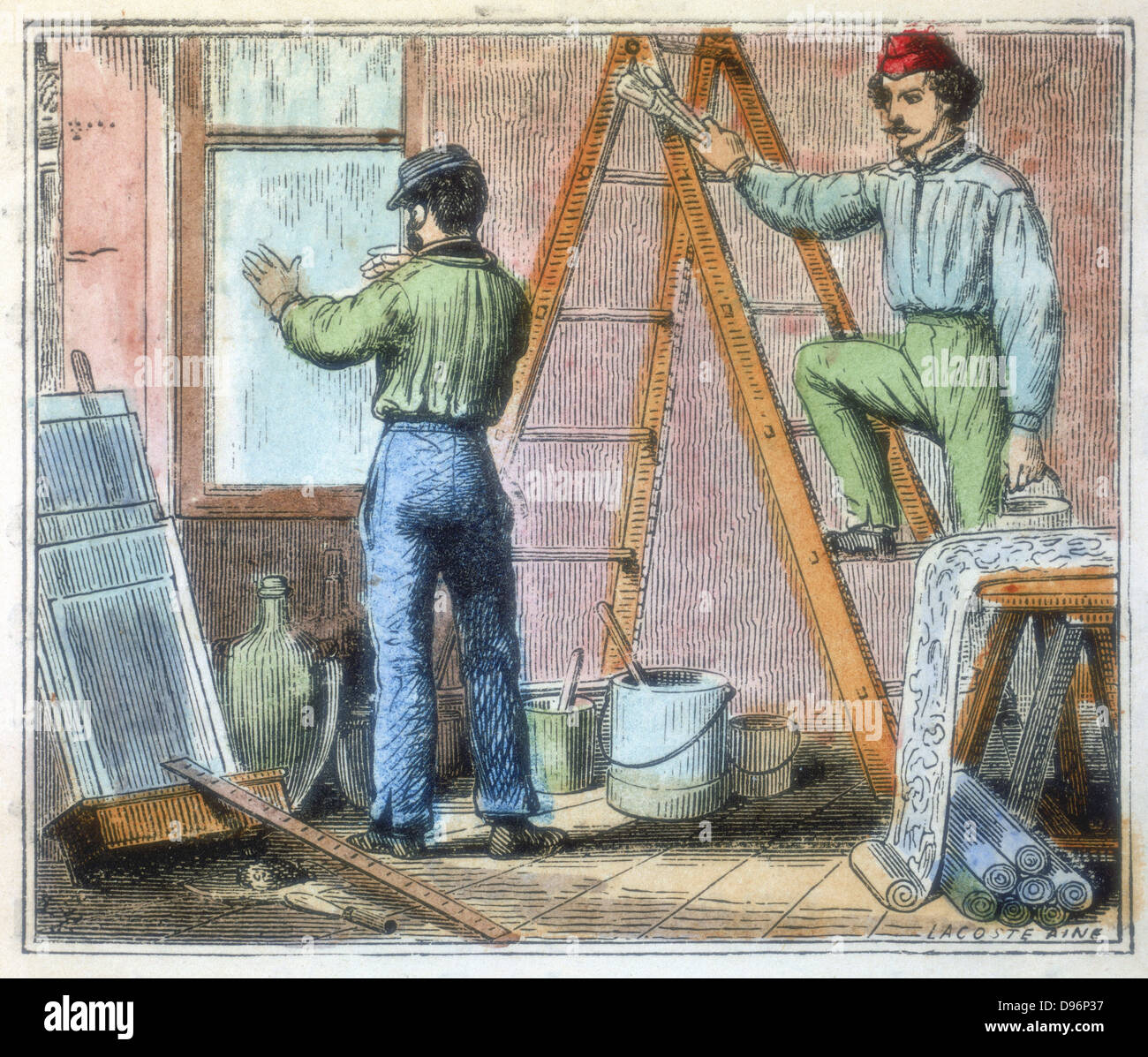 Vetraio e carta appendiabiti lavorando in una casa. Da 'Alphabet des Arts et Metiers" (Parigi, 1867). Foto Stock