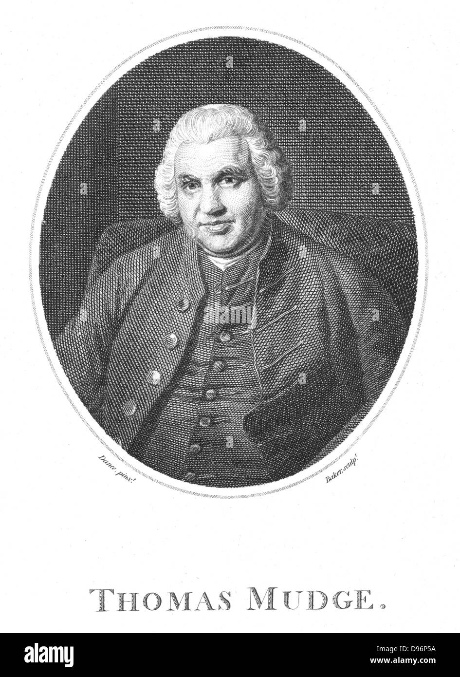 Thomas Mudge (1717-94) horologist inglese nato a Exeter, Devon. Come apprendista presso l'eminente orologiaio George Graham (1742?-1751), Mudge ha inventato la leva scappamento (c1757), e divenne orologiaio di Giorgio III. Incisione 1795. Foto Stock