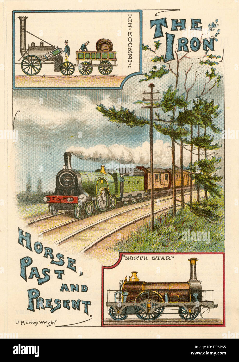 Il cavallo di ferro presente e passato". Sviluppo del locomotore ferroviario da George Stephenson's "Rocket" del 1829, attraverso "North Star' che ha lavorato sulla Great Western Railway 1836-1870, ad una grande ferrovia settentrionale motore del tardi 1890s. Da "bolle" (Londra, c1900) pubblicato da Dr Barnados case di accoglienza per bambini. Oleograph. Foto Stock