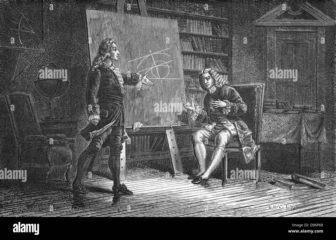 Jacques e Jean Bernoulli lavorando su problemi geometrici. Jacques (Jakob) Bernoulli (1654-1705) e suo fratello Jean (Johann) Bernoulli (1667-1748) erano membri della famiglia Bernoulli svizzero dei matematici. Incisione, Paris, 1874. Foto Stock