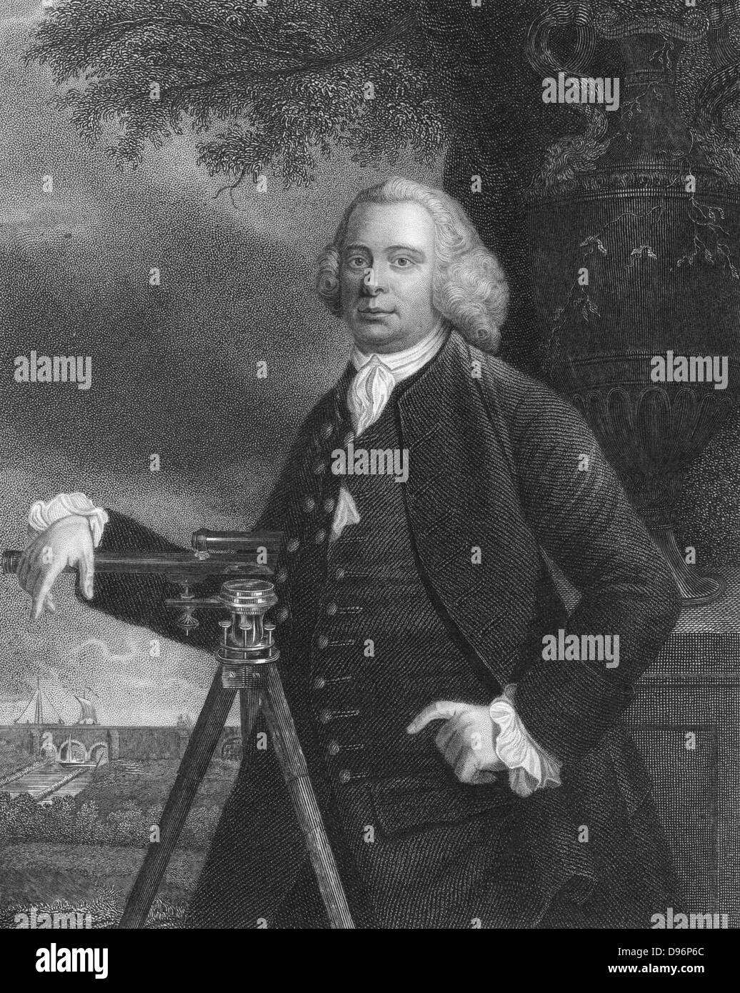James Danielle (1716-1772) inglese di ingegnere civile e di canal builder. Danielle poggia una mano su un teodolite e punti per l'acquedotto oltre l'Irwell su Worsley per Manchester (Bridgewater Canal) (1759-1772). Dopo incisione ritratto di Francesco Parsons (attivo 1763-1783). Foto Stock