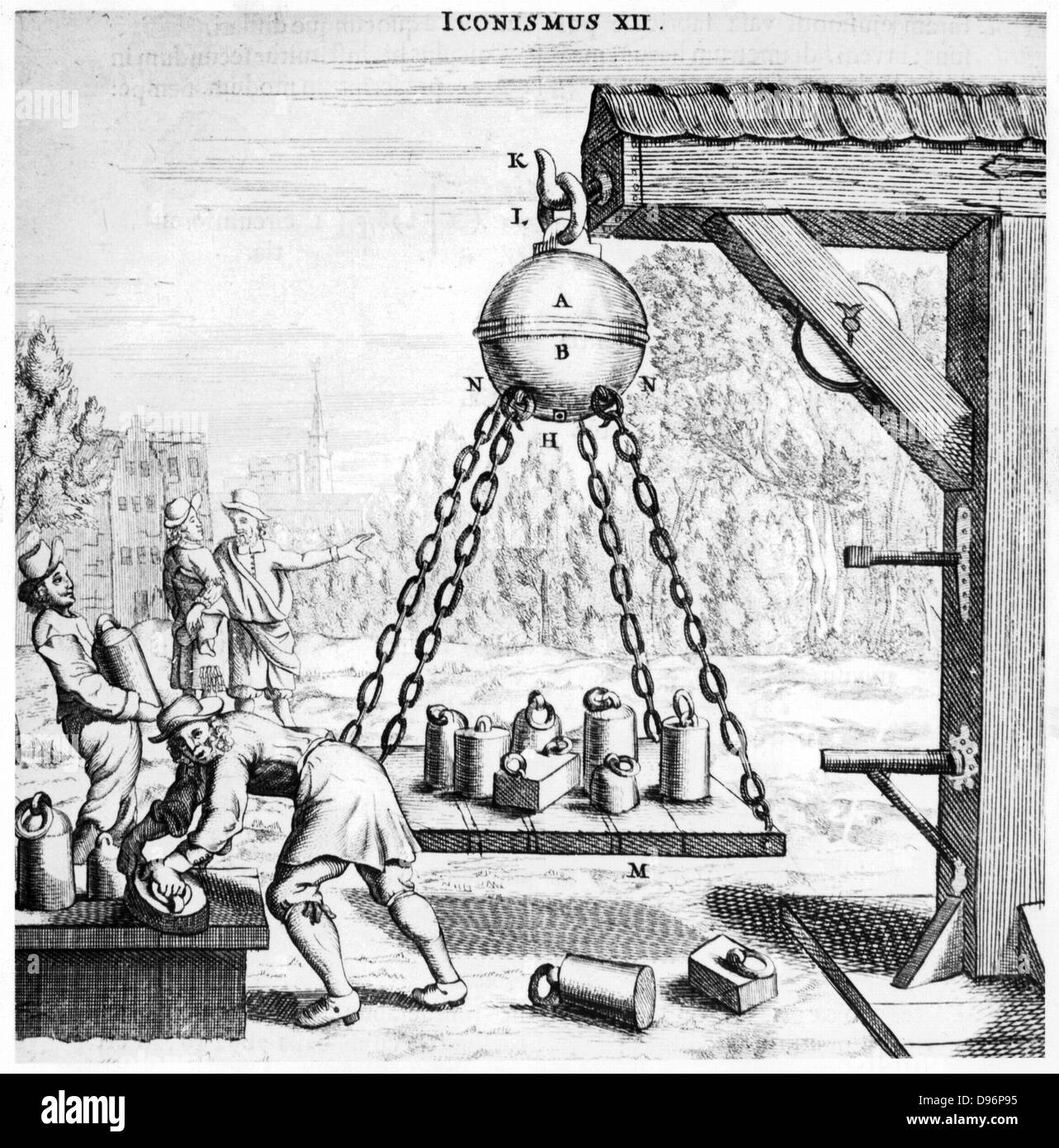 Von Guericke dimostrazione della potenza di un vuoto. Una piattaforma è stata sospesa dal fondo di una sfera evacuati costituito da due emisferi di rame, e sempre di più i pesi sono stati collocati su di esso. Uno di una serie di dimostrazioni fatte da von Guericke. Da "Experimenta Nova ut vocantur Magdeburgica De Vacuo spazio' ('Nuovi esperimenti di Magdeburgo circa il vuoto'), Otto von Guericke, (Amsterdam, 1672). Incisione. Foto Stock