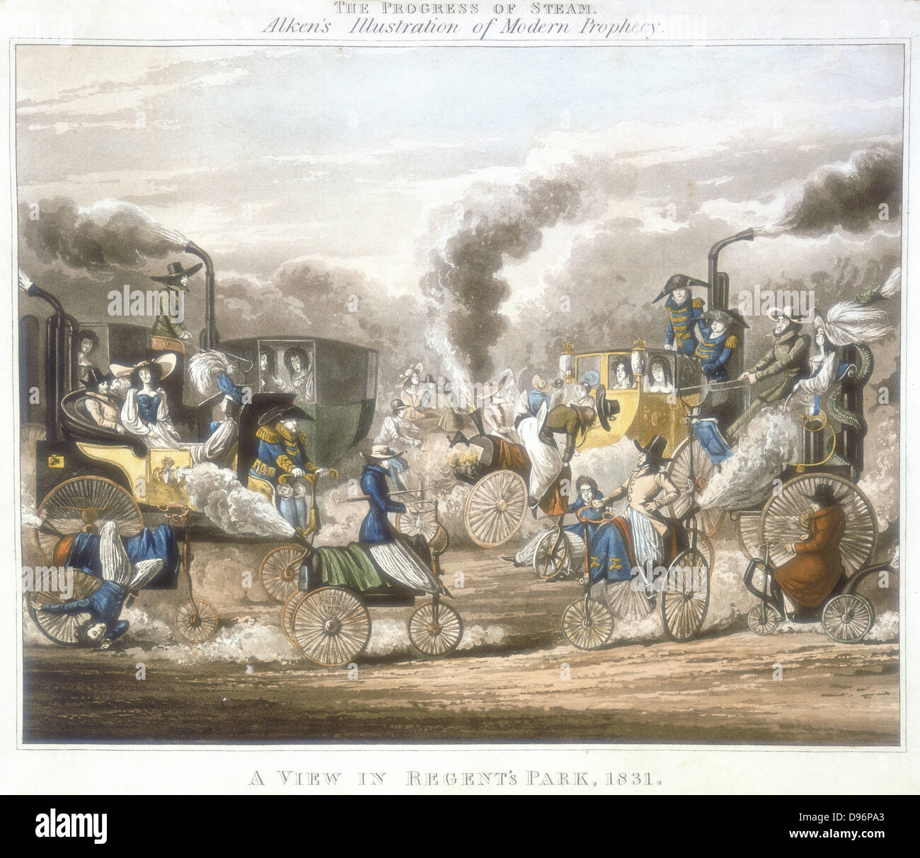 Il progresso del vapore. Una vista in Regent's Park, 1831". Steam-powered allenatori, cavalli, tricicli, compreso uno con il corpo come una teiera, stanno accelerando lungo o esplodere e provocare il caos del traffico in Regent's Park di Londra. La puntasecca dopo Henry Alken. Foto Stock