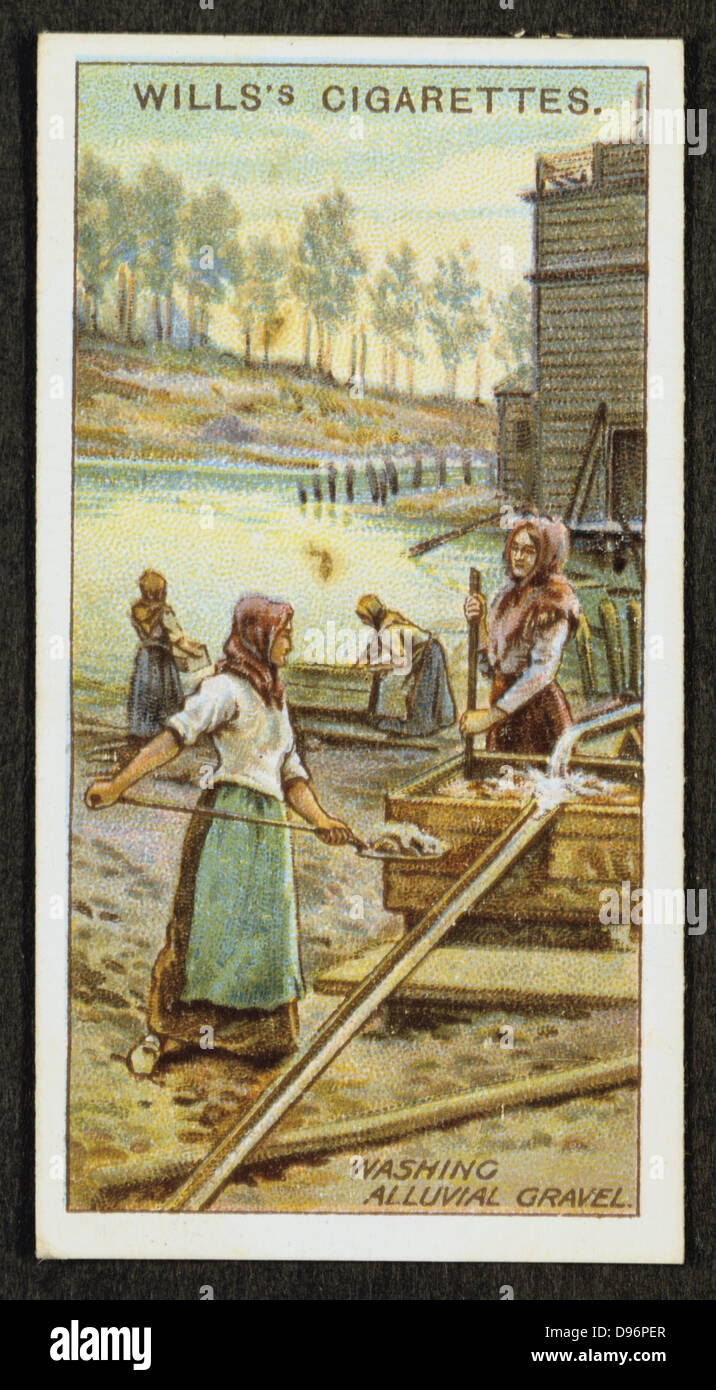 Le donne il lavaggio del metallo prezioso platino da ghiaie alluvionali. Urali, Russia. 1916. Card pubblicato 1916. Chromolithograph. Foto Stock
