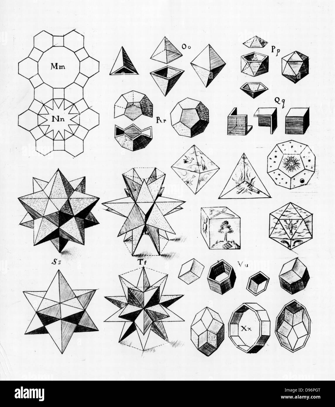 Regolare i solidi geometrici di vari tipi, 1619. In centro a destra sono i solidi geometrici per gli elementi di Terra, Aria, Fuoco, Acqua e il quinto elemento celeste. Da 'Harmonices Mundi', da Johannes Kepler. (Linz, 1619). Incisione. Foto Stock