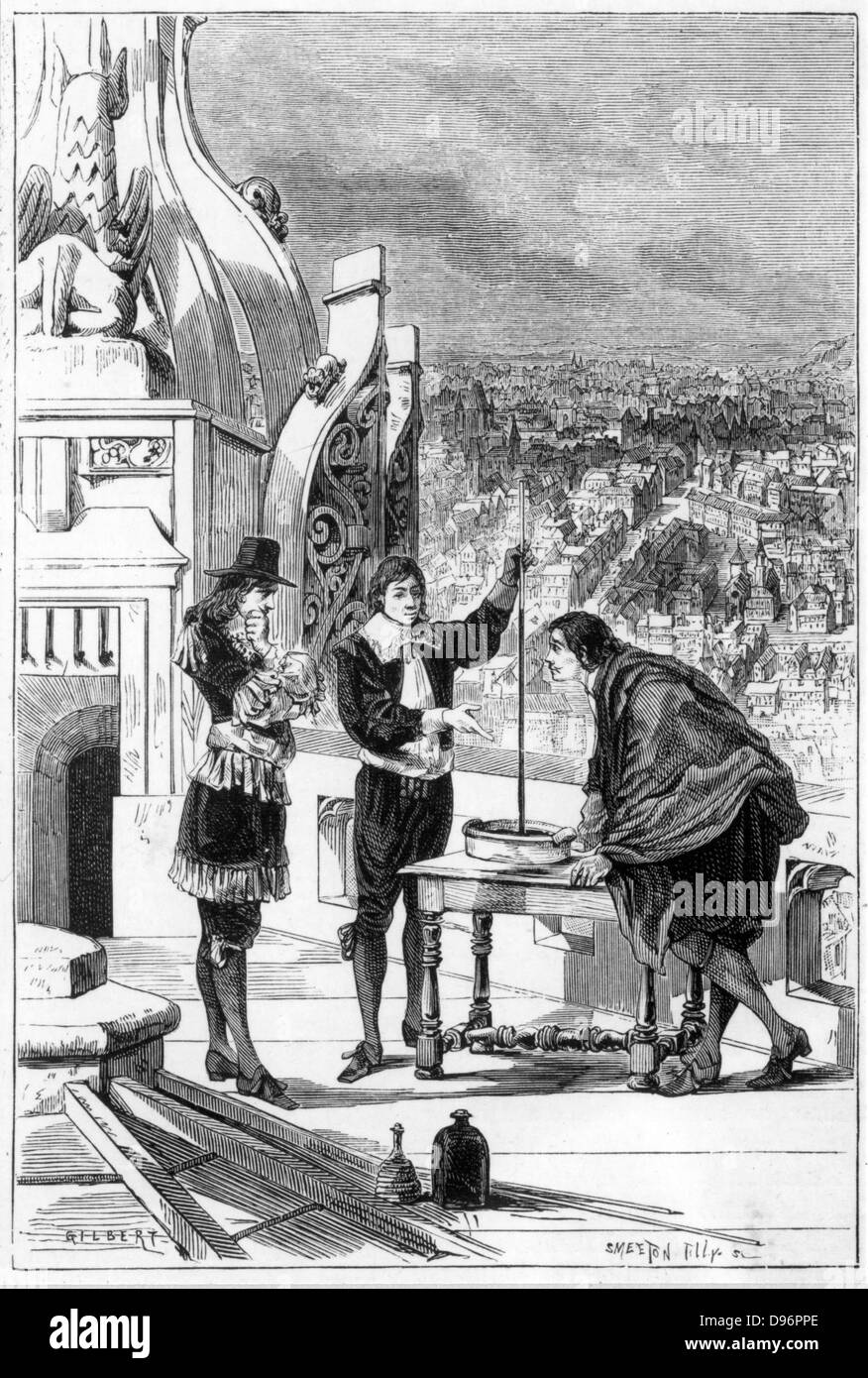Blaise Pascal (1623-1662) francese matematico, fisico e filosofo religioso. Pascal di effettuare esperimenti con il barometro a mercurio sulla torre di St Jacques-la-Boucherie, Parigi. Da 'La natura". (Parigi, 1878). Incisione. Foto Stock